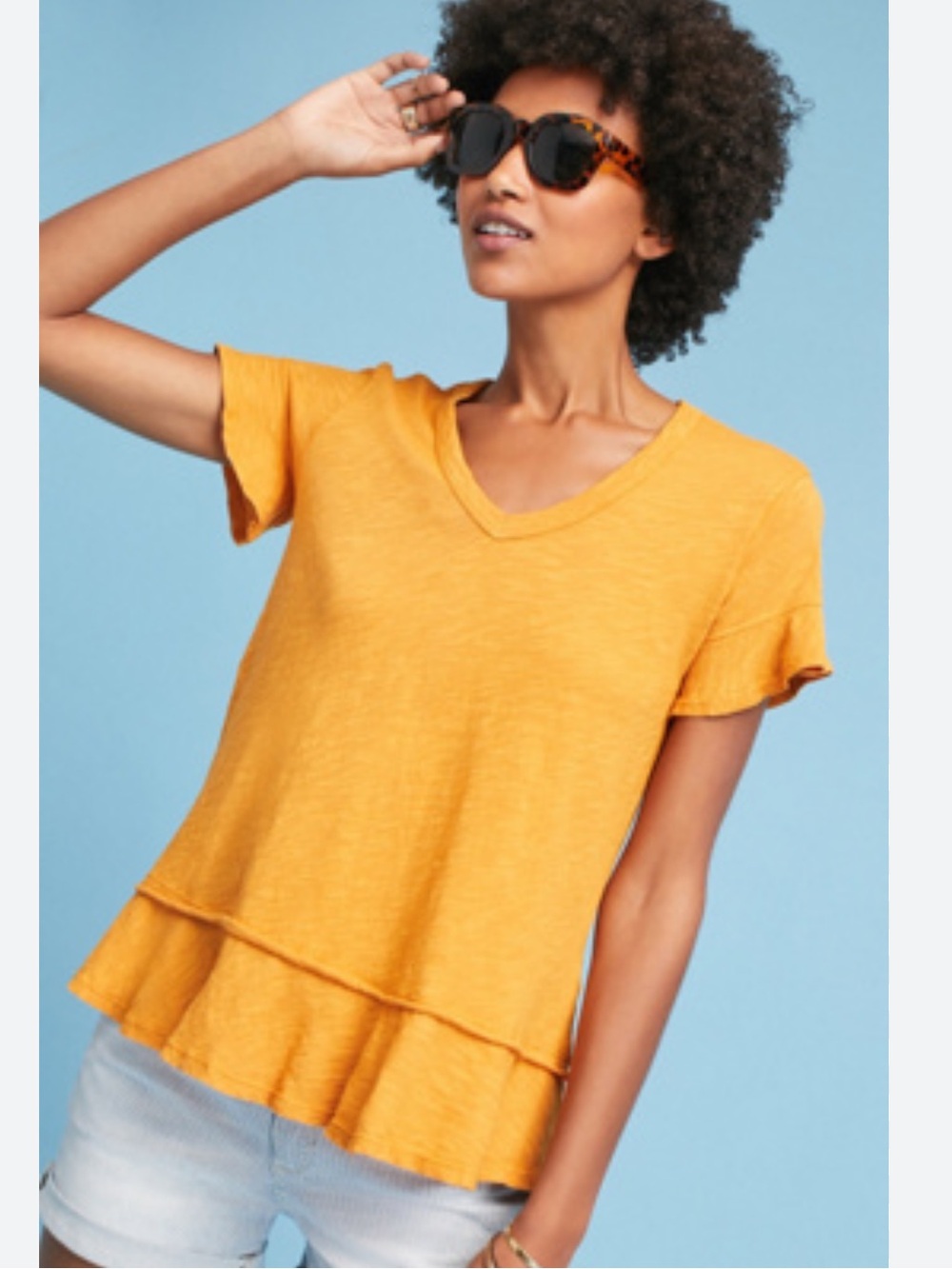 Anthropologie Left of Center Mustard Amanda Ruffled V-Neck Tee Top Size S